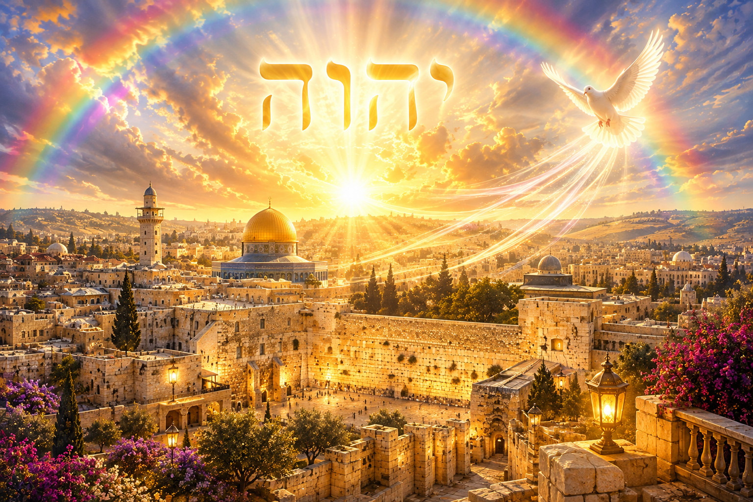 Jerusalem in luminous rainbow light with Hebrew name